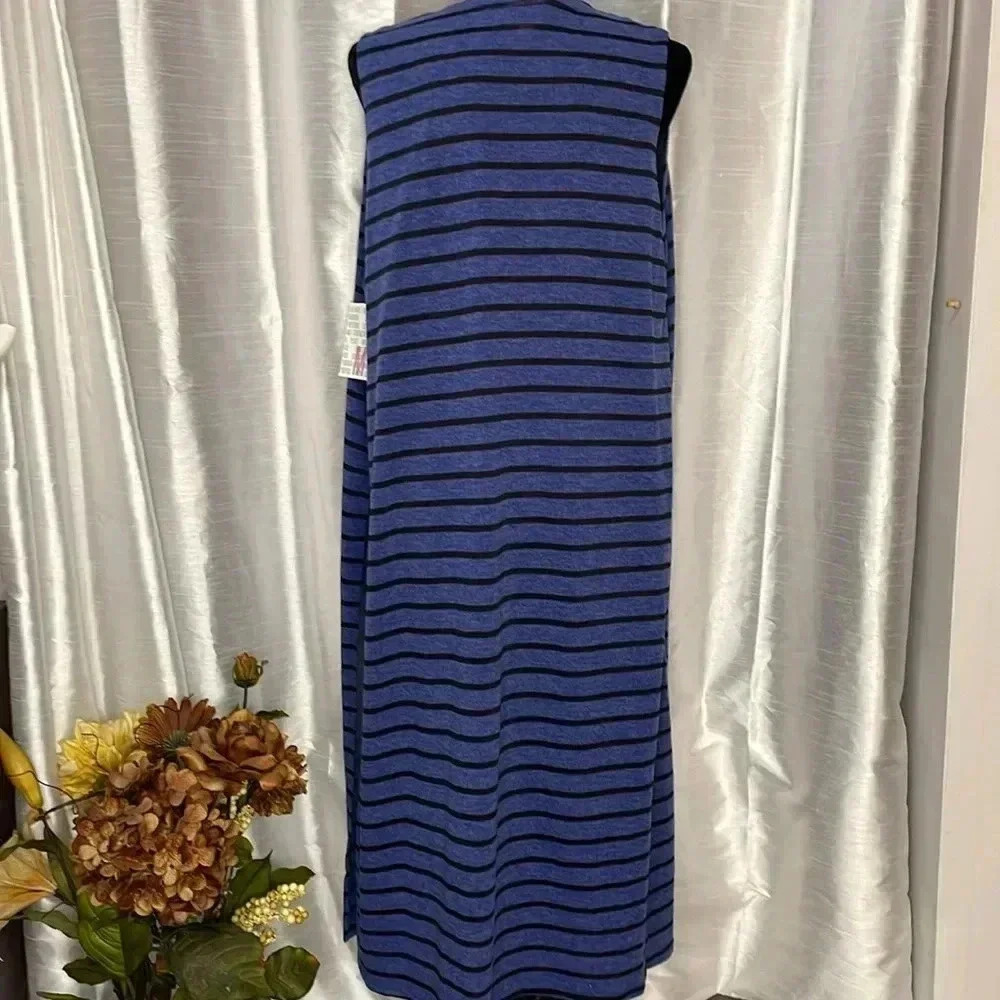 LuLaRoe Joy NWT Women’s M Black Striped High Slits Royal Blue Open Maxi Cardigan - Picture 3 of 9